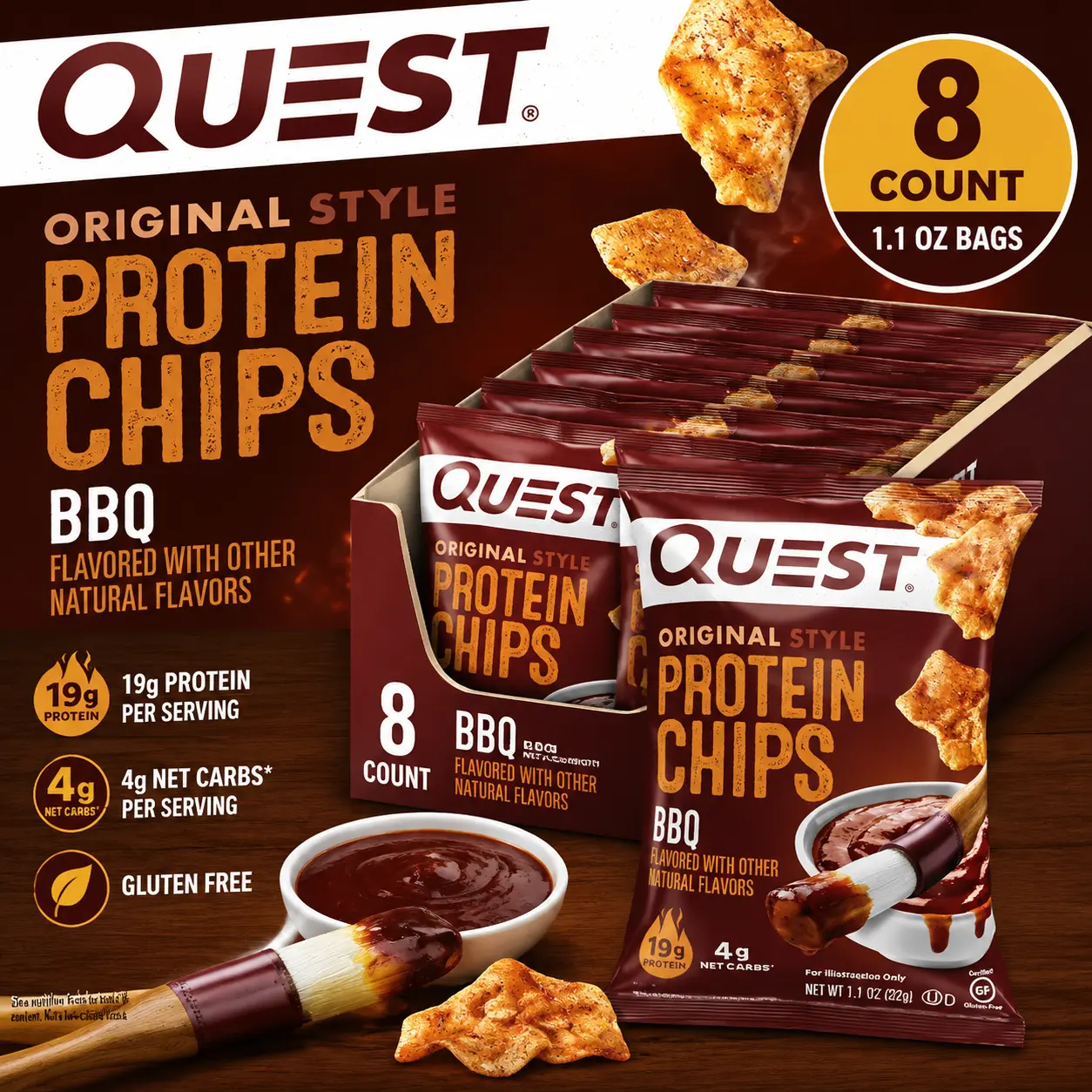 Quest Protein Chips BBQ 1.1 oz 8 Count High Protein Barbecue Tortilla Style Chips