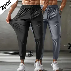 Men’s Two-Pack Ice Silk Breathable High-Stretch Fabric Casual Sports Joggers with Drawstring Waist and Zipper Pockets