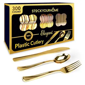 300 Plastic Silverware Set, Gold Plastic Cutlery Set, Gold Party Utensils - 100 Gold Plastic Forks, 100 Gold Plastic Spoons, 100 Gold Plastic Knives