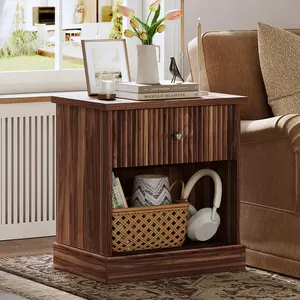 Garvee Fluted Nightstand with Drawer, Mid Century Modern Bedside Table Brown Nightstand with Storage, Space Saving for Living Room Bedroom