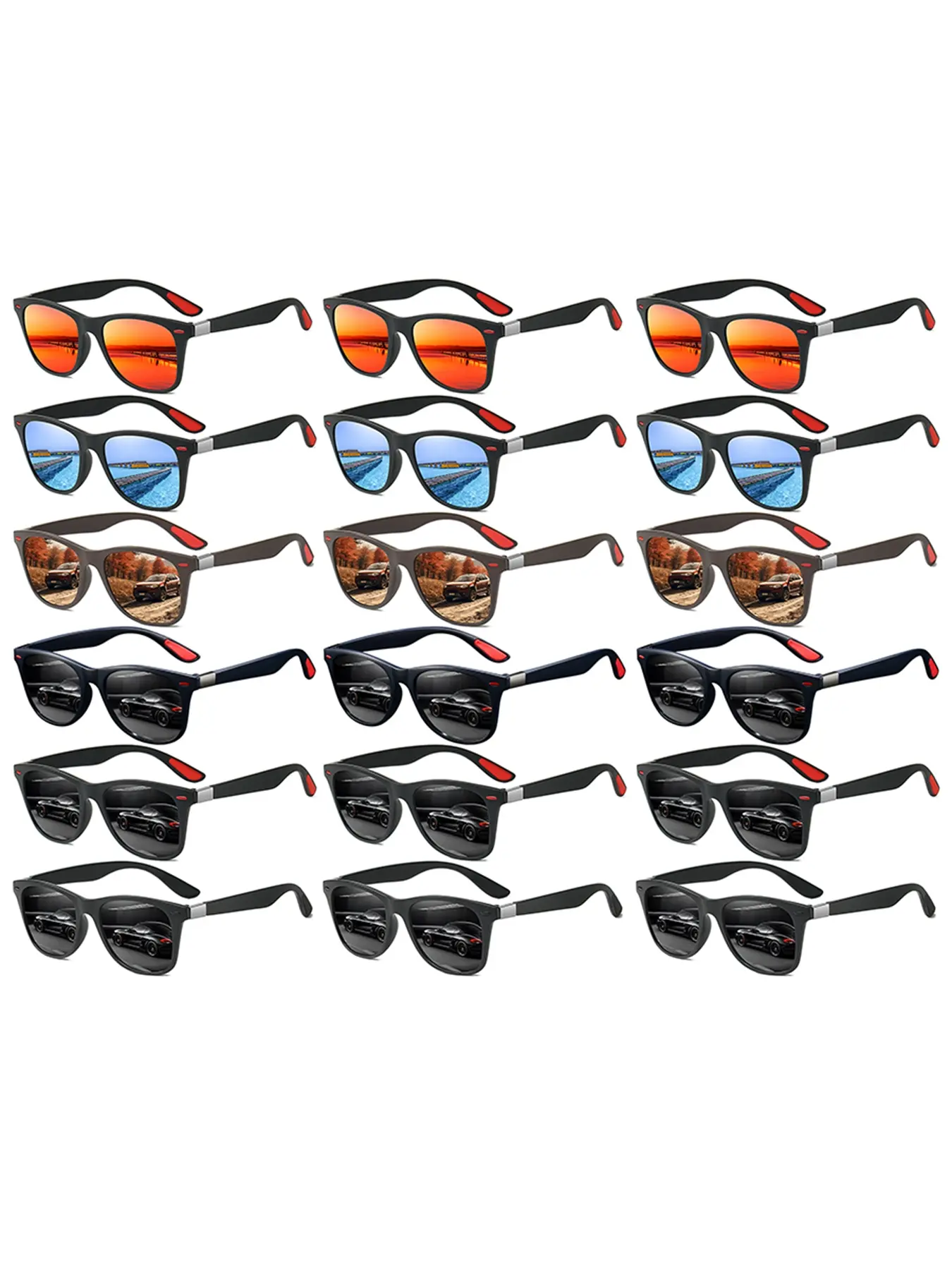 18pcs latest model square sports glasses,unisex,multi-color selection.classic splicing frame collocation rubber nose pad,providing a comfortable wearing experience,suitable for outdoor activities such as fishing,driving,beach vacations,etc