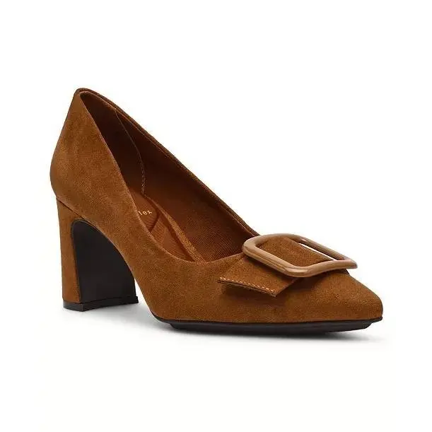 Anne Klein Bentley Women's Fashion Cognac Pointed Toe Buckle Block High Heel Pumps - 7.5M, Flexible, Slip-On, Evening, Original Box Included, MSRP$89, High Heels, Block Heel