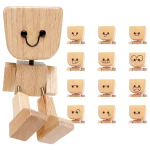 Handmade Shaking Wooden Man Figurine for Car Dashboard, Funny Shak Feet Woodens Doll Ornament, Wood Desktop Decor with 12PCS Magnetic Expressions