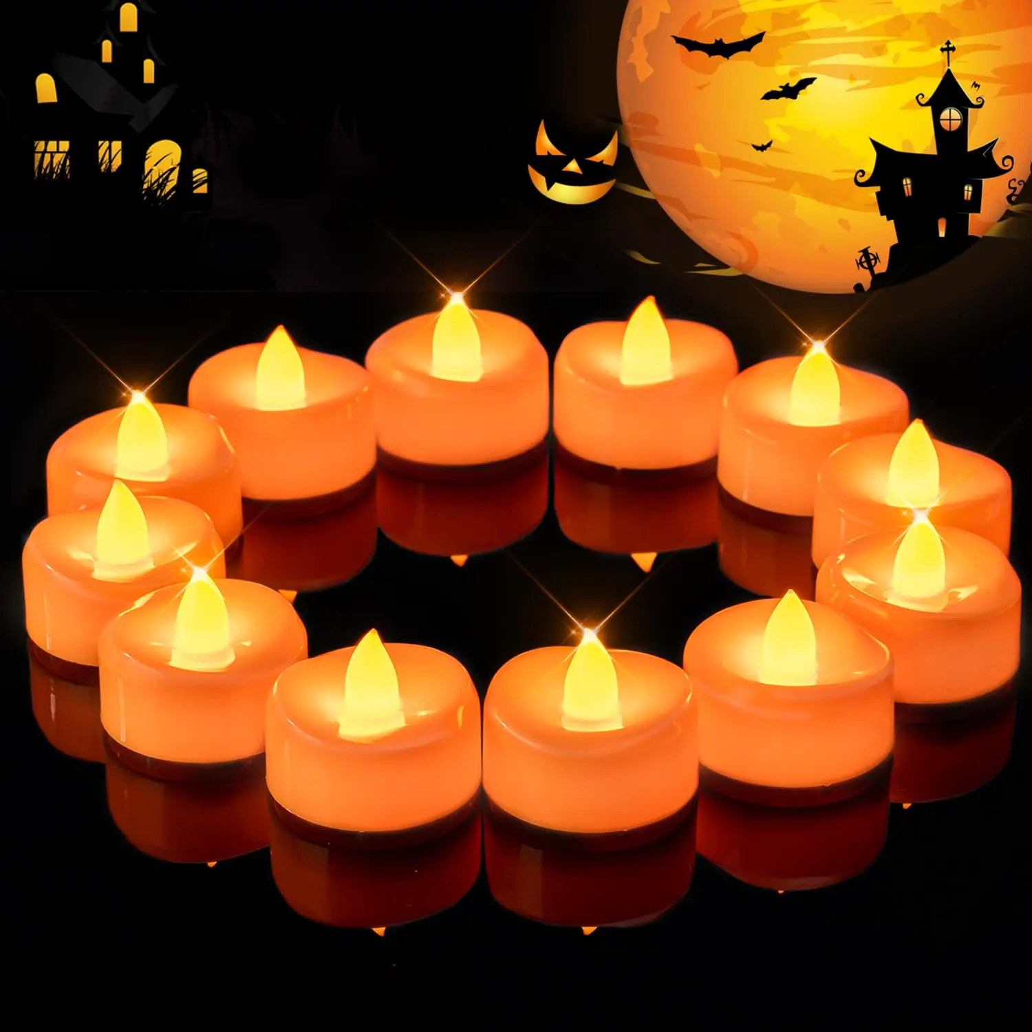 merrynights Halloween Flameless Candles, 12-Pack Orange Tea Lights Candles Battery Operated, LED Pumpkin Lights Flickering, Electric Fake Tealight Candles, 1.5'' D X 1.25'' H