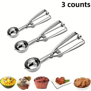 3 Counts Ice Cream Scoop Stainless Steel, Cookie Scoop Set, Trigger Release, Silver Color, Ideal for Baking & Desserts, Small Size
