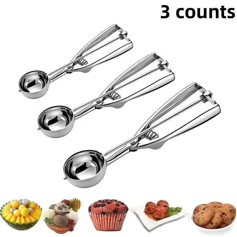 3 Counts Ice Cream Scoop With Trigger Stainless Steel Utensils, Cookie Scoop Set, Trigger Release, Silver Color, Ideal for Baking & Desserts, Small Size, Kitchen Gadgets