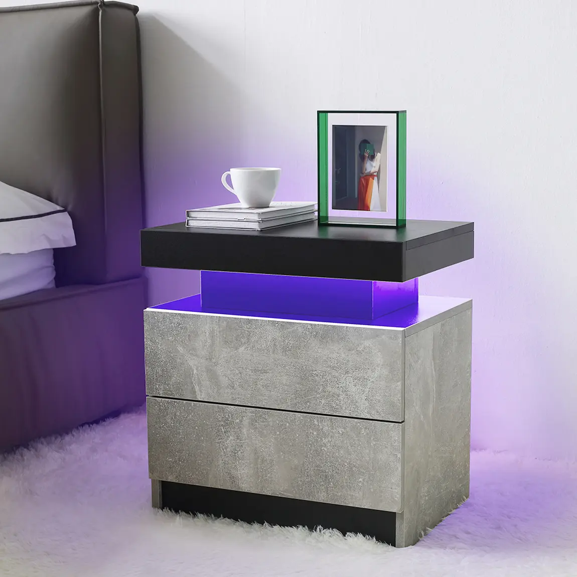 Grey LED Nightstand - Modern 2-Drawer End Side Table, Indoor Bedroom & Living Room Furniture