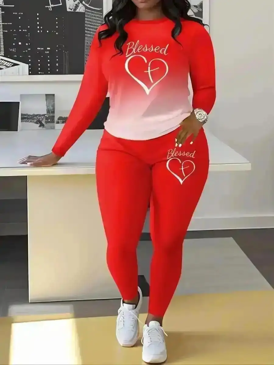 Cool Streetwear Matching Set, Ombre Print Long Sleeve Sweatshirt & Elastic Waist Pants Two-piece Set, Casual Round Neck Pullover and Skinny Trousers for Spring & Fall, Comfort, Coord, , Wear, Style, Outfit, Essential