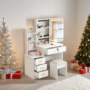 Vanity table set with mirror and LED lights (three adjustable colors), 5 drawers, open storage shelves, and a padded stool; modern bedroom dressing table, white