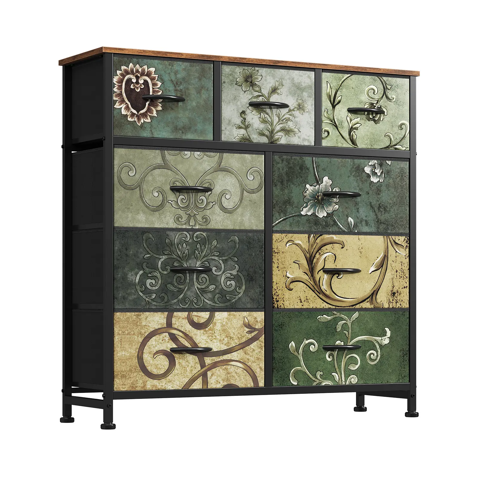 9-Drawer Fabric Storage Dresser with Floral Design - Vintage Style Organizer Tower with Sturdy Steel Frame & Wood Top for Bedroom, Hallway, Closet, Entryway