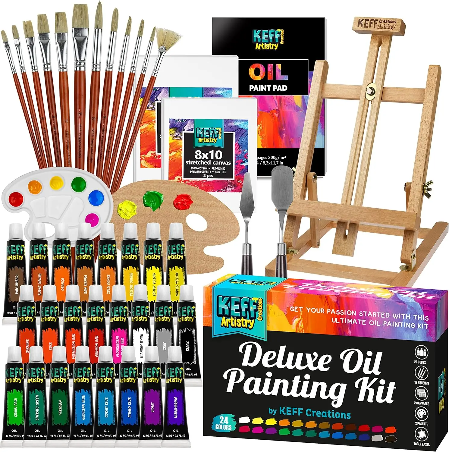 Oil Paint Set for Adults and Kids - Oil Painting Kit Supplies with Oil Paints, Stretched Canvas, Table Easel, Brushes, Palette, Knives and Paper Pad