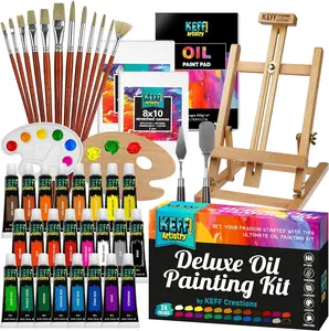 Oil Paint Set for Adults and Kids - Oil Painting Kit Supplies with Oil Paints, Stretched Canvas, Table Easel, Brushes, Palette, Knives and Paper Pad