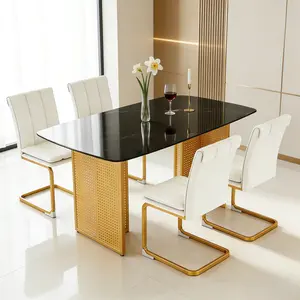 Modern 51.2" Rectangular Glass Dining Table for 4-6, Black Faux Marble Kitchen Table with Tempered Glass Top and Sturdy T-Shaped Gold Metal Legs, Minimalist Dining Room Table for Kitchen Apartment, Home & Dining Room Furniture