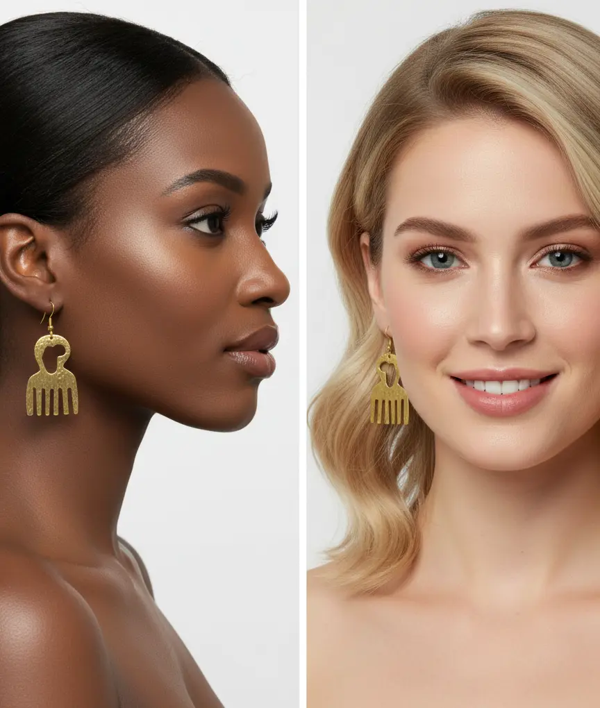Women's Classic Gold Comb-Shaped Handmade Ethnic African Embroidery Earrings - African Print, Afro Style, Artistic, Cocktail Occasions, Gold Accent Costume Jewelry