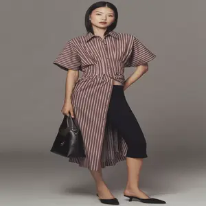 The Tobie Shirt Dress in Chocolate Pink Stripe with Oversized Fit and Tie Front Detail