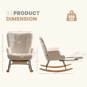 Nursery Rocking Chair Modern Armchair Upholstered Glider Rocking Chair Accent Chair with Retractable Footrest Reading Chair with High Backrest Solid Wood Base for Bedroom, White, Teddy