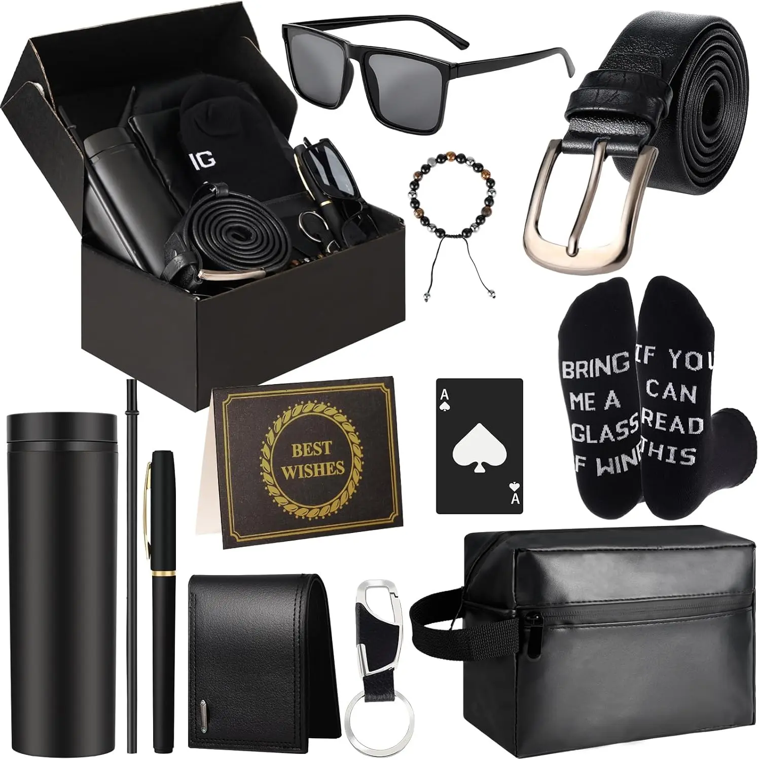 Halloween Fall Gift 2026 Gift Birthday Gifts Box for Men Dad Gifts Basket Set for Fathers 16 oz  Wallet Toiletry Bag Bottle Opener Sunglasses Bracelet Socks Pen Keychain Personalized Gift for Dad