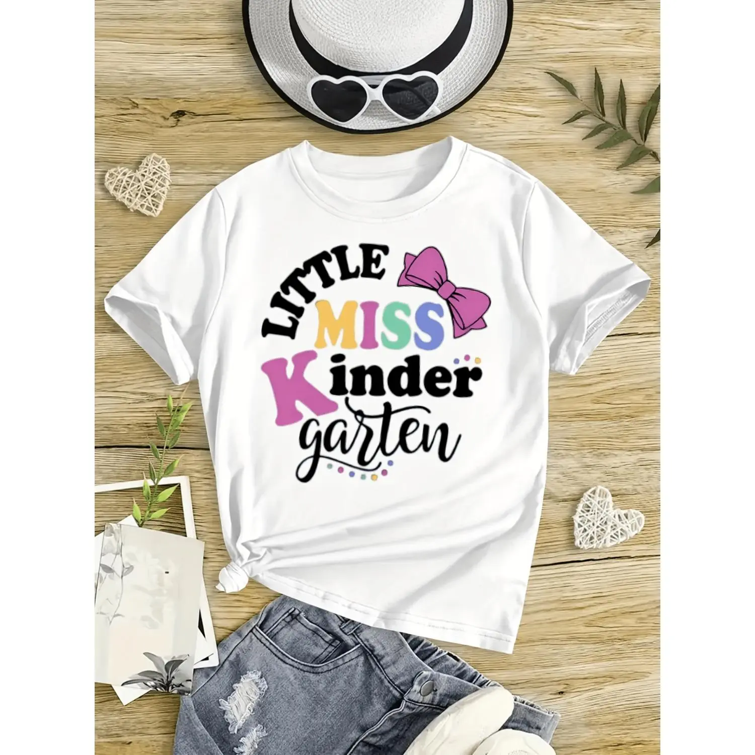 "Little Miss Kindergarten" Girls' Back to School T-Shirt Classic Round Neck And Short Sleeves Comfort Perfect for Summer Spring Autumn Wear Ideal Gift for Girls for Everyday Use