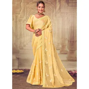 Yellow Embroidery Work Chiffon Saree