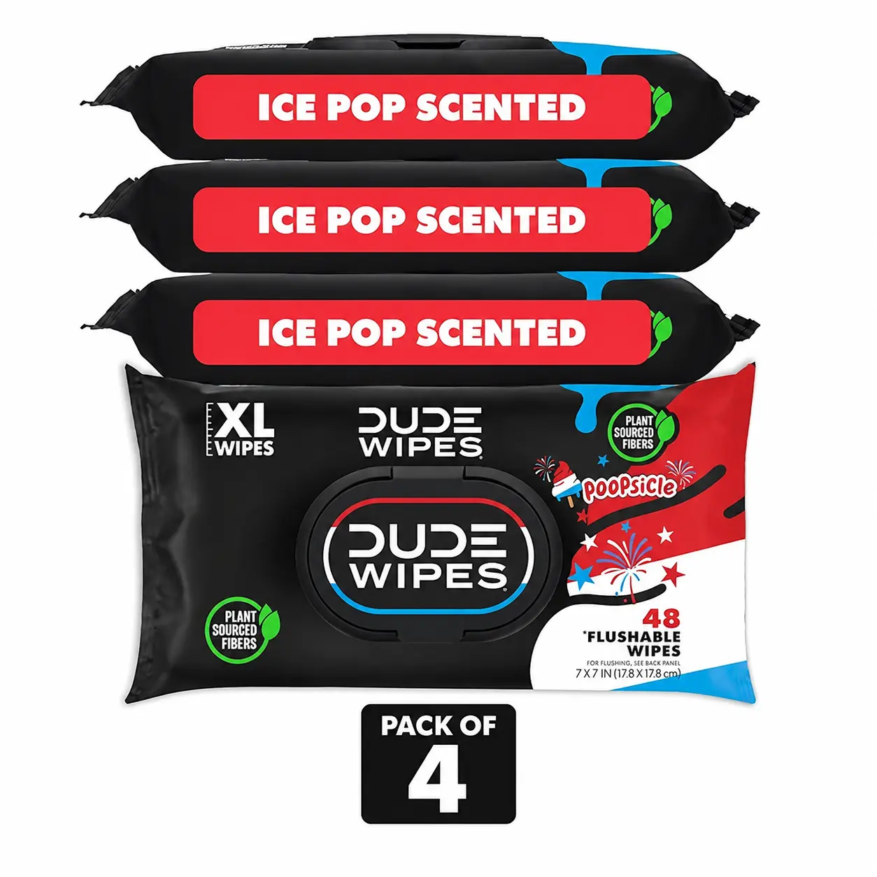 DUDE XL Flushable Wipes, POOPsicle Ice Pop Scented, 4 Packs (192 Count) Toilet Wipes for Home Care