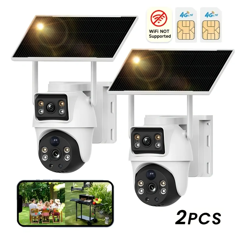 XIAOVV 2pc 8MP Dual Lens Dual Screen Solar Powered PTZ Home Security 4G Camera With Sim Card Not Supporting WiFi Human Detection IP65 Waterproof Color Night Vision App Control Surveillance Camera Suitable For Farms, Construction Sites, Warehouses