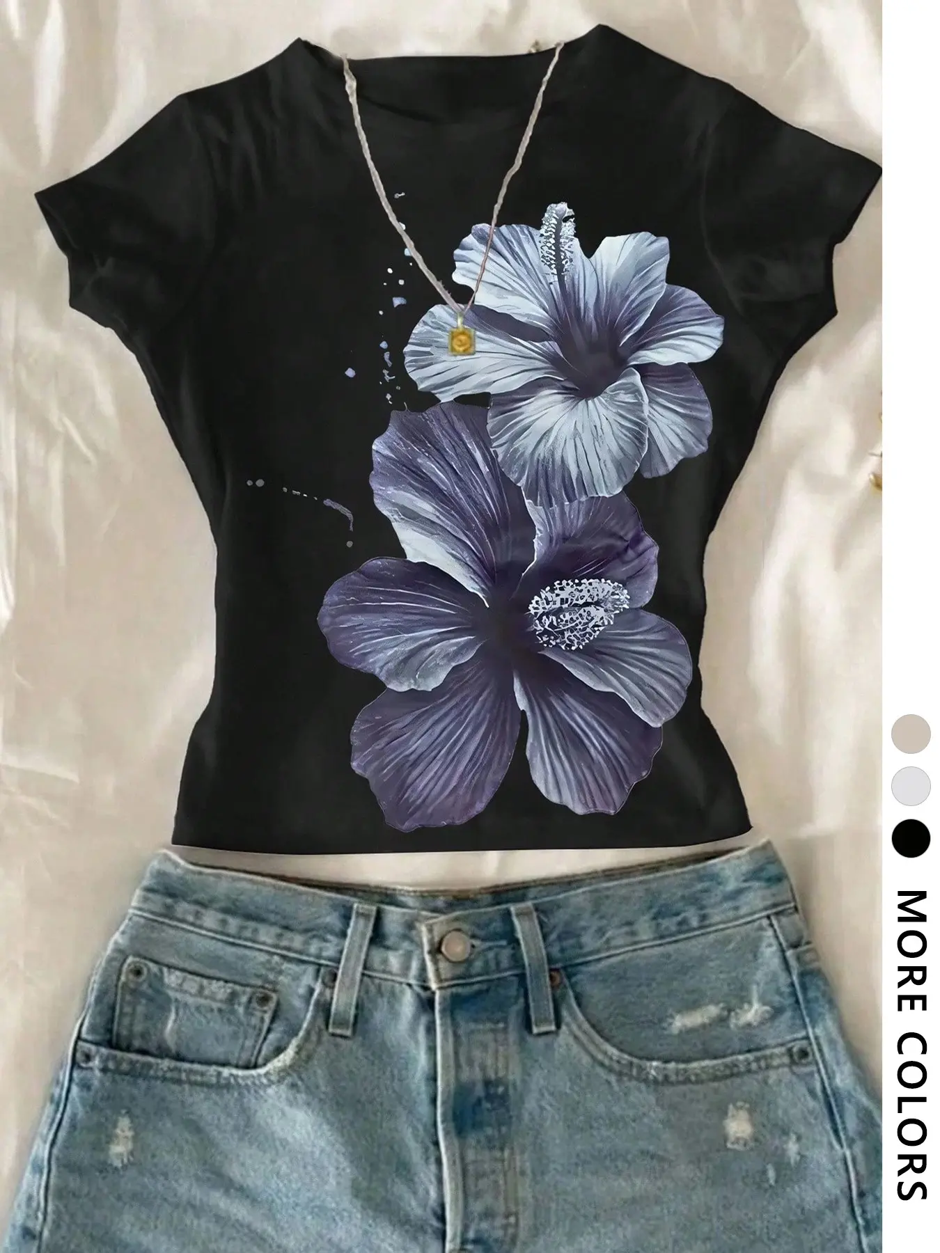 Women's Short Sleeve Fitted T-Shirt, Summer Casual Floral Graphic Print Top, Soft Knit Fabric, Y2K Streetwear Style, Suitable for All Seasons