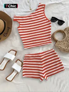 Women's Striped Pattern Asymmetrical Top & Shorts Set without Accessories, Casual Sleeveless Top & Shorts, Ladies Summer Outfit, Summer Gift Set