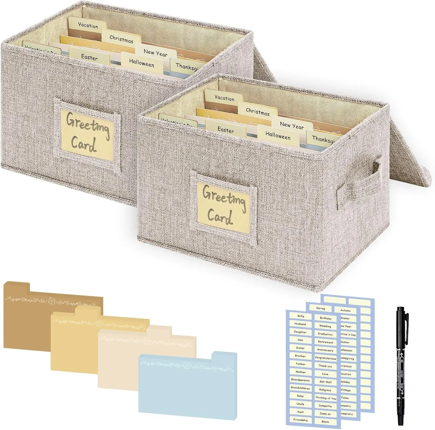 Greeting Card Organizer, Card Organizer Box with 40 Dividers, 168 Label Stickers, and 2 Markers, Stylish Greeting Card Storage Box for Effortlessly Collecting Greeting Cards. 2 Pack, Beige