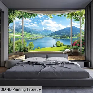2D flat print landscape tapestry - majestic mountain and lake picture scroll, suitable for bedroom, office, living room decoration - including installation accessories, lakeside cabin decoration, Tapestry Wall Hanging