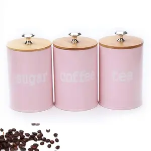3pcs Pink Tin Kitchen Canister Set - Bamboo Lid Metal Food Storage Containers with Leakproof Airtight Seal, Removable Lid Jars for Coffee, Tea - Aesthetic Reusable Kitchen Preserving Containers