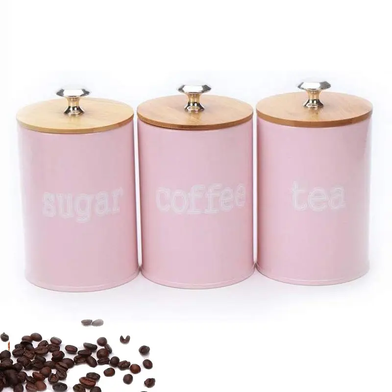 3pcs Pink Reusable Tin Kitchen Canister Set - Elegant Functional Metal Food Storage Containers with Bamboo Airtight Detachable Lids, Nestable Sealable Multi-Pack Jars for Coffee, Tea, Nestable Jars, Sealable Jars