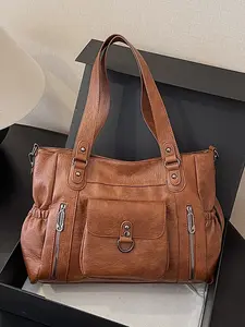 Retro light luxury exquisite fashion tote bag, multi zipper pocket design, solid color practical casual versatile large capacity shoulder bag, can accommodate files and tablets, suitable for commuting and shopping, Commuter Purse, Pu Tote Satchel
