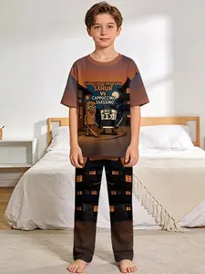 Ninja cartoon character battle 2-piece set: boys' digital printed short-sleeve pajamas with long sleep pants, made of flame-retardant fabric. A stylish, trendy, casual, comfortable and soft pajama set, suitable for sleeping and home leisure. 100% polyeste