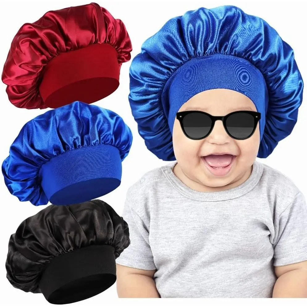 3 Pack Solid Color Silky Baby Bonnets for Girls & Boys, Slip On Wide Band Design for Daily Haircare, Reduces Frizz & Stays On, Sleeping Hat, Baby Wear, Hair Styling, Detangle, All Hair Types, Detangling, Wide Elastic Band