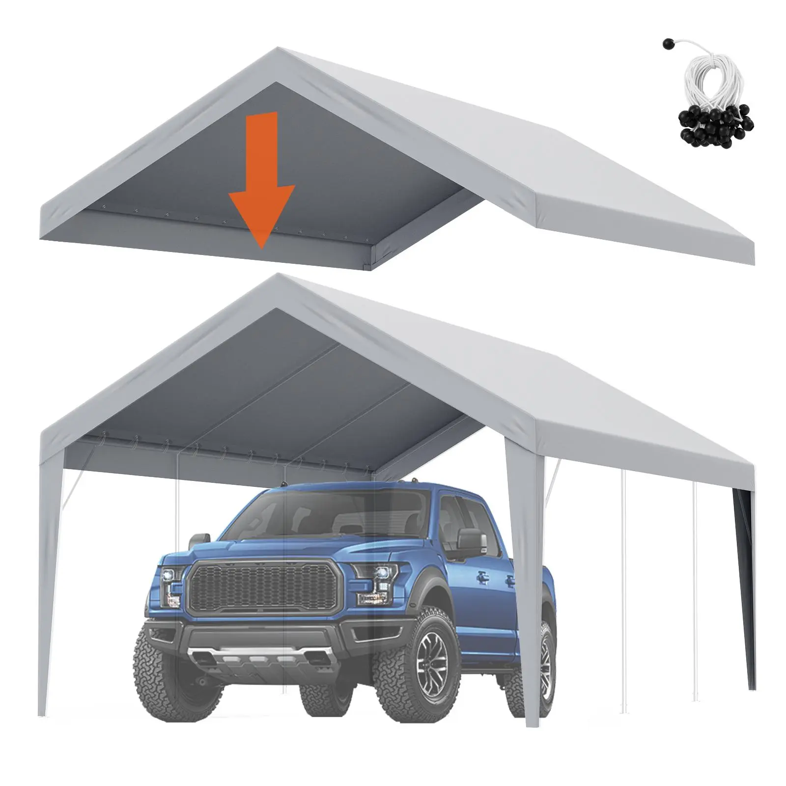 VEVOR 12x20 ft Carport Replacement Canopy Cover, Heavy-Duty PU Coating Outdoor Patio Tarp, UV-Protected Sun Protection Top Cover, Easy Installation with Ball Bungees, Grey (Frame Not Included, Ideal for Weddings, Parties), Pe Fabric