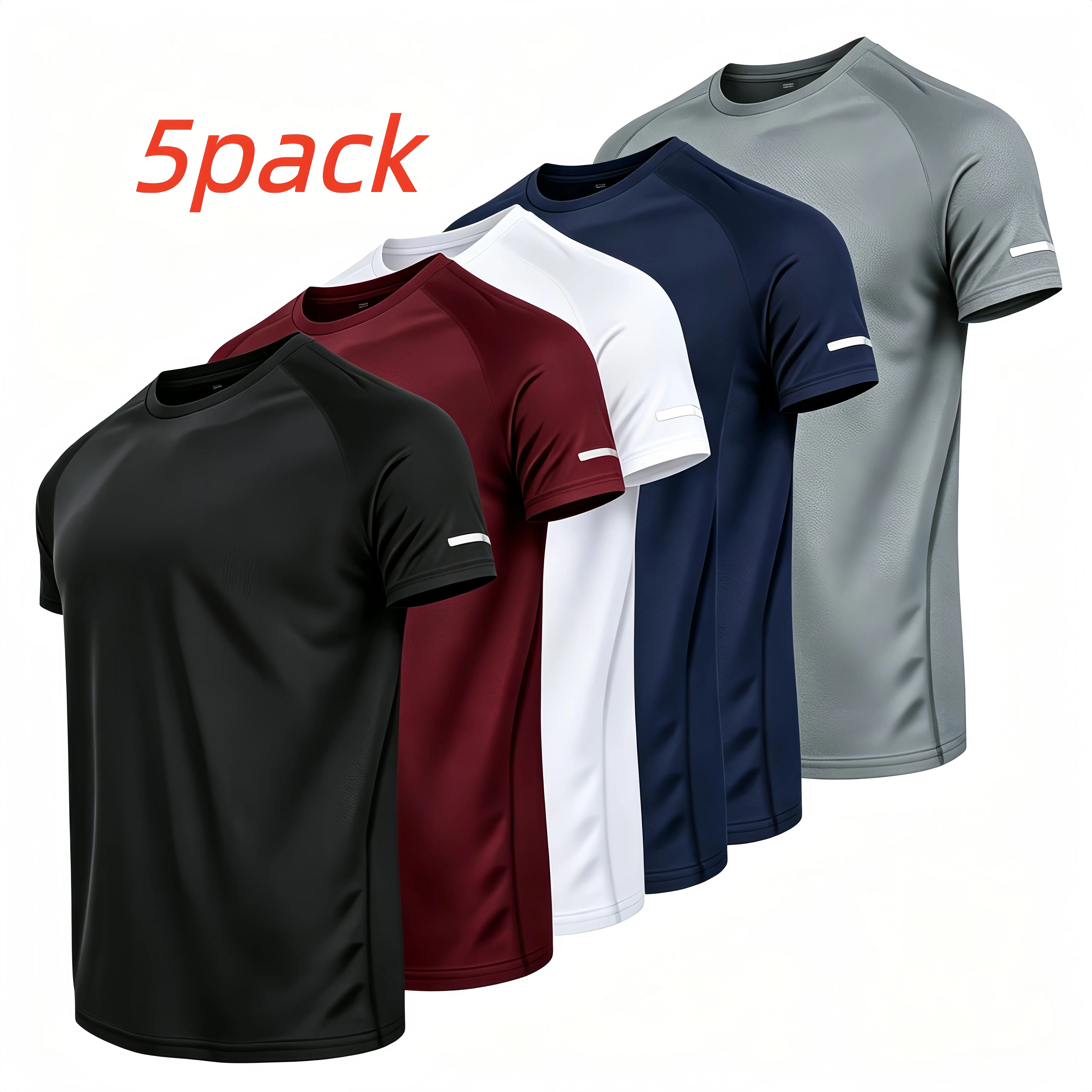 5-Pcs Casual Sporty Printed Reflective Stripe Short Sleeve Crew Neck T-Shirts, Ultra-Lightweight Breathable Quick-Dry Moisture-Wicking Sweat-Absorbing Running Tops, Lightweight Comfortable Gym Workout Shirts Fit Wet & Dry Sports Conditions