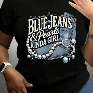 Women's Blue Jeans & Pearls Graphic T-Shirt - Cotton Casual Short Sleeve Round Neck Top with Geometric Design for Spring/Summer Daily Wear,  Relaxed Fit Shirt, Durable Casualwear Streetwear Womenswear Tshirt Crewneck Fitted Shortsleeve tshirt  rule