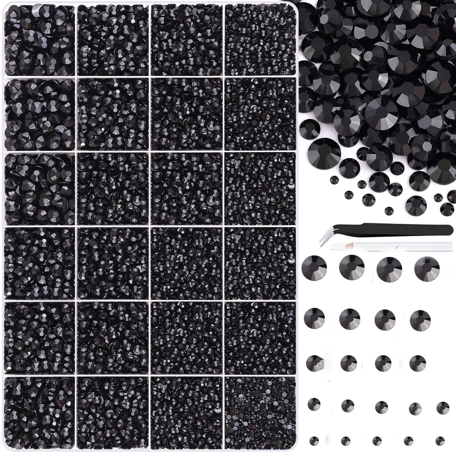 24 pieces of black resin decorated with brilliant crystals, made of 30,000 pieces of resin. It can be used to make clothes, shoes, fabrics, nail jewelry sets, and comes with tweezers, magnetic pens and free gifts. DIY handmade decoration set, Beads Charms