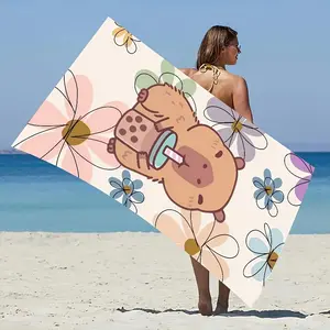 Kapibara Milk Tea Print Ultra-Fine Fiber Quick-Dry Beach Towel, Absorbent Fast-Drying Non-Shedding Bath Towel, Portable for Travel