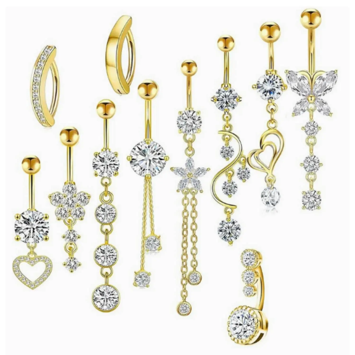 11PCS 14G Women Belly Button Rings Surgical Stainless Steel Dangle Belly Rings 10mm Belly Bar Body Piercing Navel Jewelry Butterfly Heart Flower Dangling Gold Belly Piercings