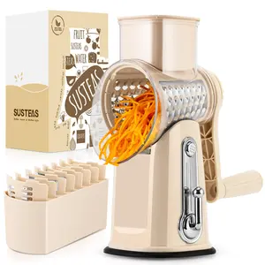 SUSTEAS Rotary Cheese Grater with Handle - Comes with 5 Blades, Strong Suction Cup Base, Comes with Blade Storage Box Cutlery Kitchen Utensils Food Shredder Tool Vegetable Slicer Potato Cutter Beige
