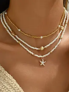 Boho Starfish & Shell Layered Necklace, Dainty Trendy All-Match Charm Jewelry for Party, Daily Wear and Birthday Gift