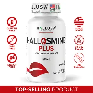 HALLUSA NATURAL HALLOSMINE PLUS 500 mg x 60 Capsules Circulation Support with 90% Diosmin for Tired Legs & Vein Health Gluten-Free Non-GMO 30-Day Supply - Dietary