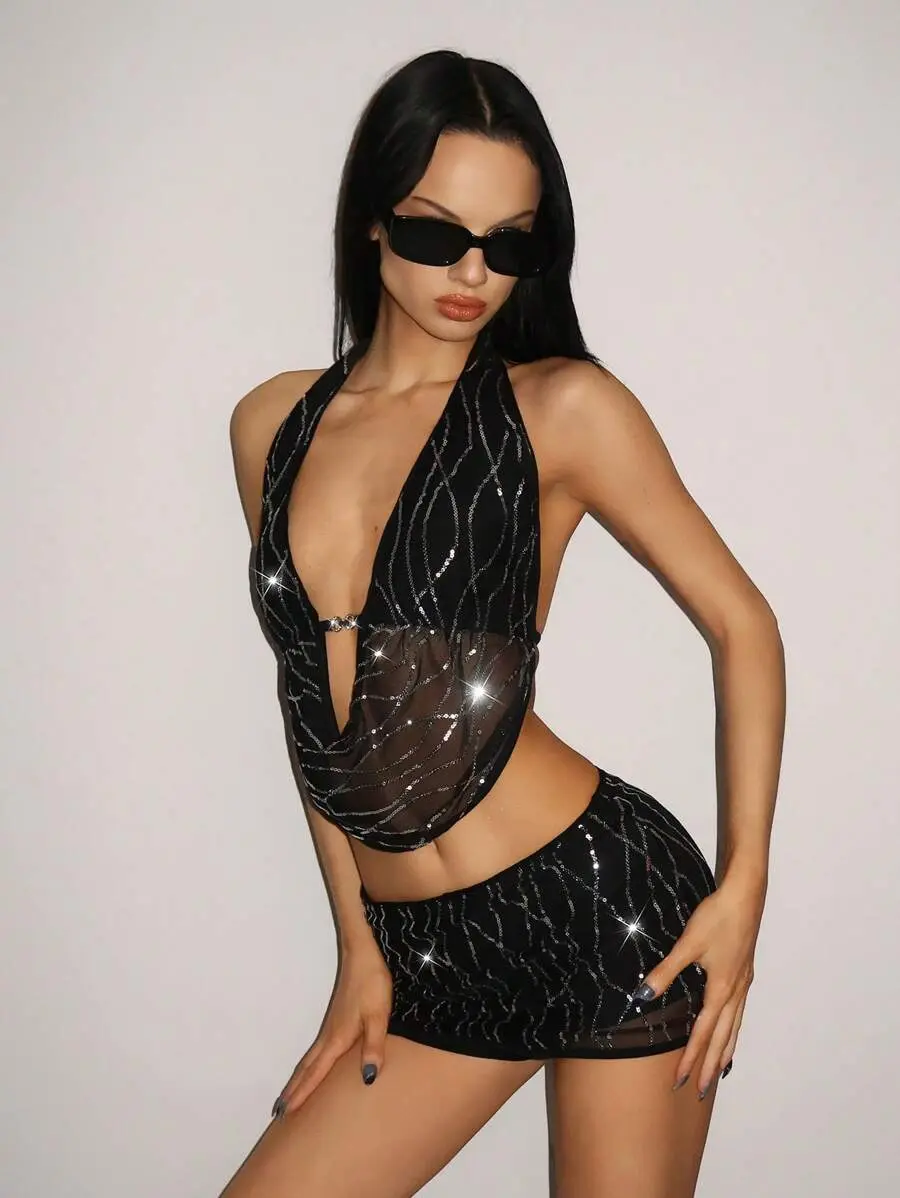 OFFGIRD x ICON 2pcs/Set Tight Fit Sparkly Tassel Sequin Halter Cropped Top Bodycon Mini Skirt Set Party Club Night Out Black And Silver Summer Sexy