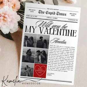 Valentines Day Love Newspaper Poster Unframed, Cupid Valentine Newspaper Wall Art, Personalized Valentine Gift For Her Him, Will You Be My Valentine Design