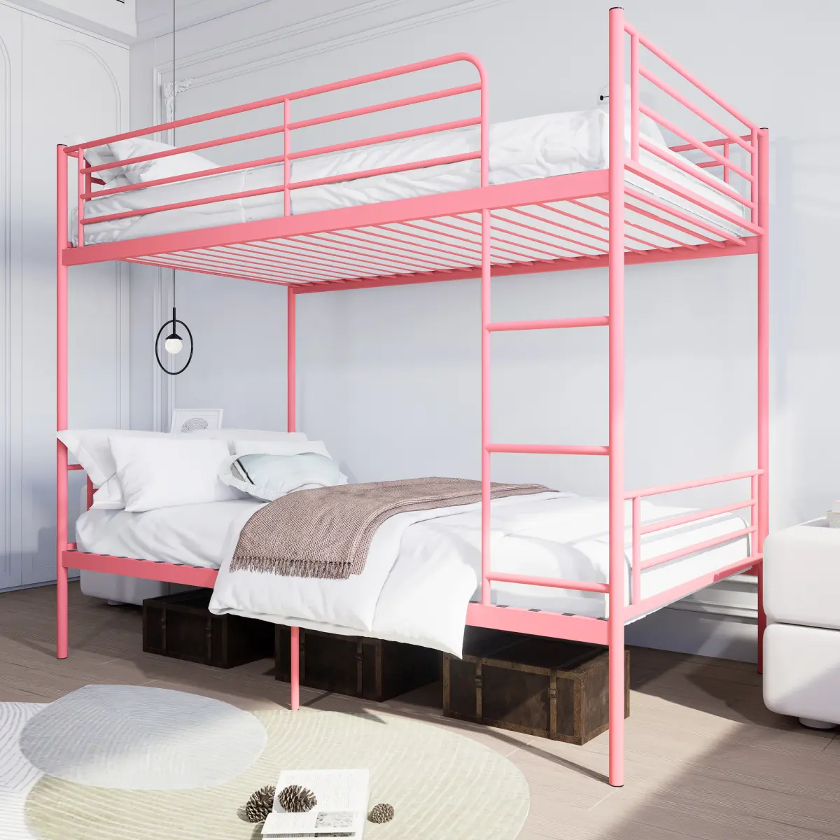 Twin Over Twin Metal Bunk Bed Frame for Kids Furniture Bedroom, Heavy Duty with Ladder & Full-Length Guardrail, Splittable, 400 lbs Capacity, No Spring Box Required, Pink, Metal Bed Frames