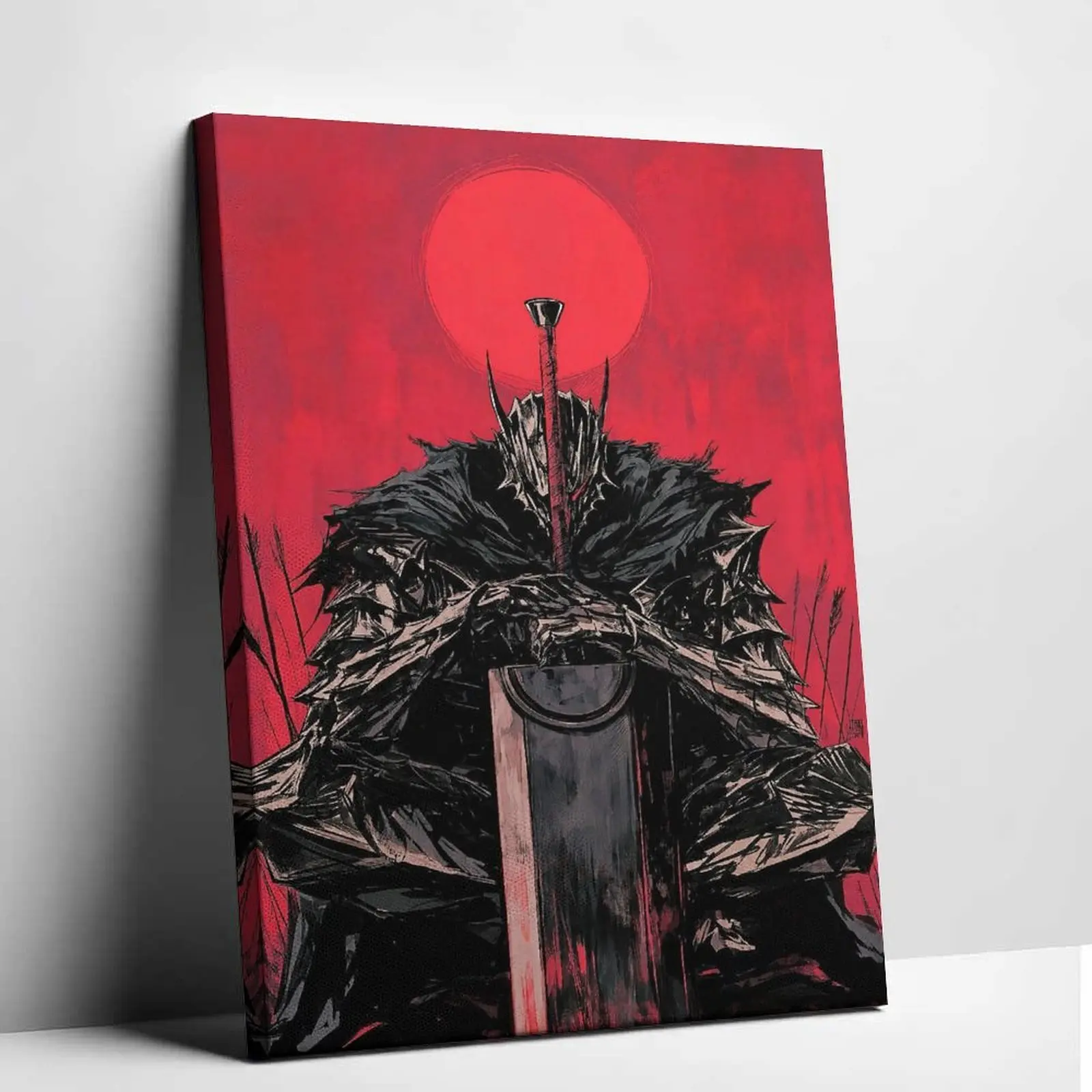 Berserk Guts Inspired Unframed Canvas Painting - Japanese Dark Fantasy Manga Panel Print, Heavy Metal Warrior Armor Design Artwork, Artistic House Home Office Wall Hanging Decor Poster
