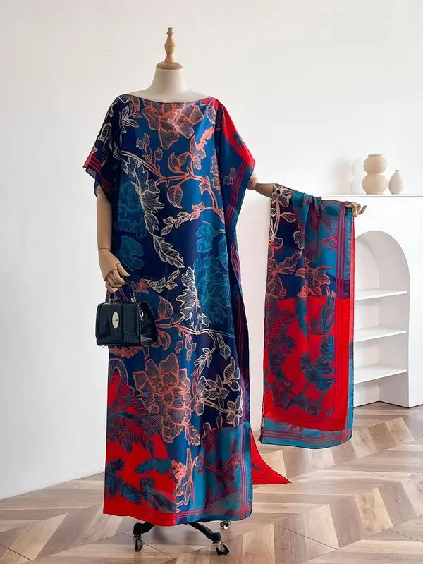 Casual Boho Chic Long Dress & Scarf Set for Women, Modest Floral Print Outfit for a Beach Vacation, Boho Pattern, Boho Chic Outfits,back to school,back to school haul