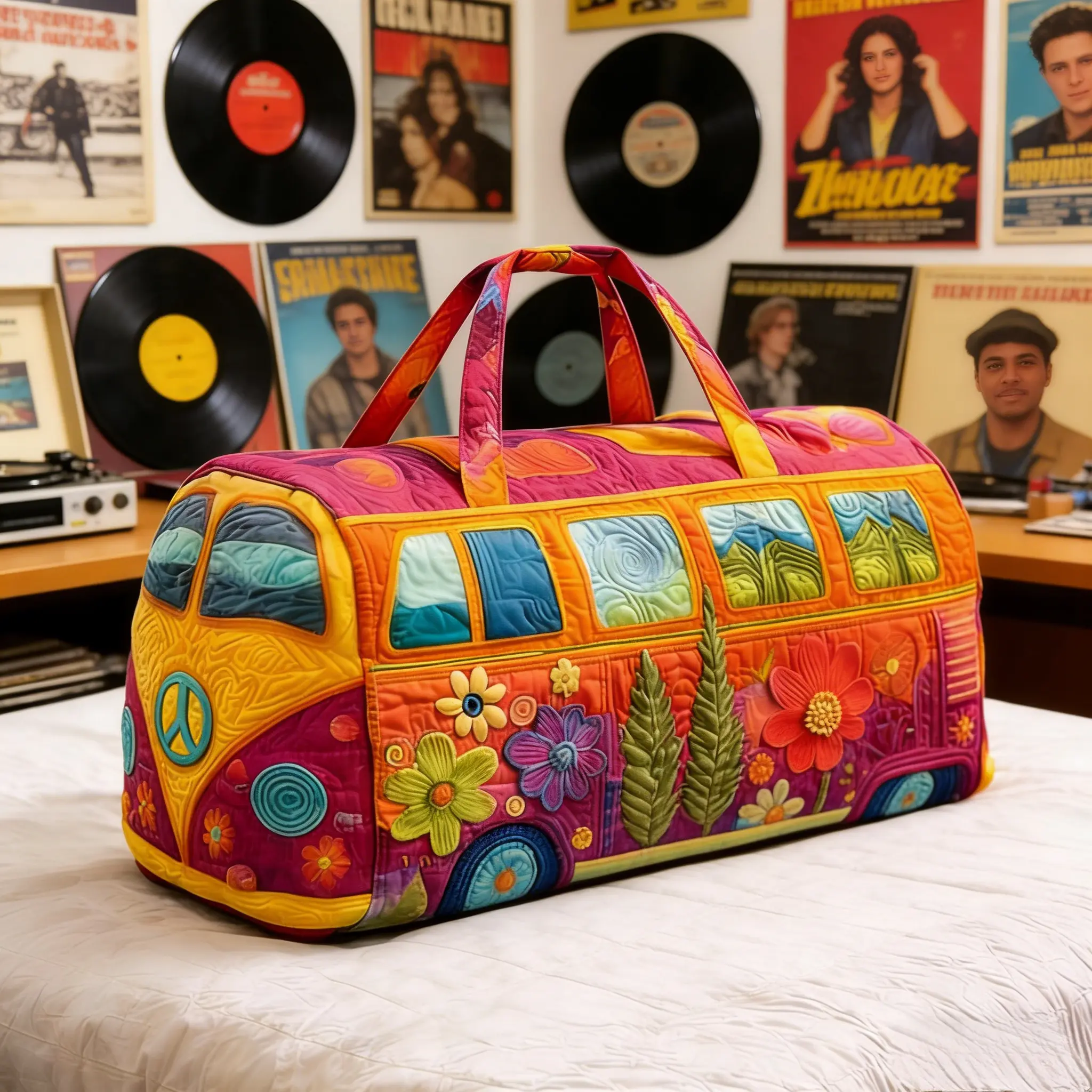 21 inch*10 inch*10 inch  Women's Hippie Bus Travel Bag, 18"x9"x9" Floral Quilted Boho Cotton Weekender Tote Bag, Large Capacity Boho Handbag, Perfect for Vacation & Daily Use