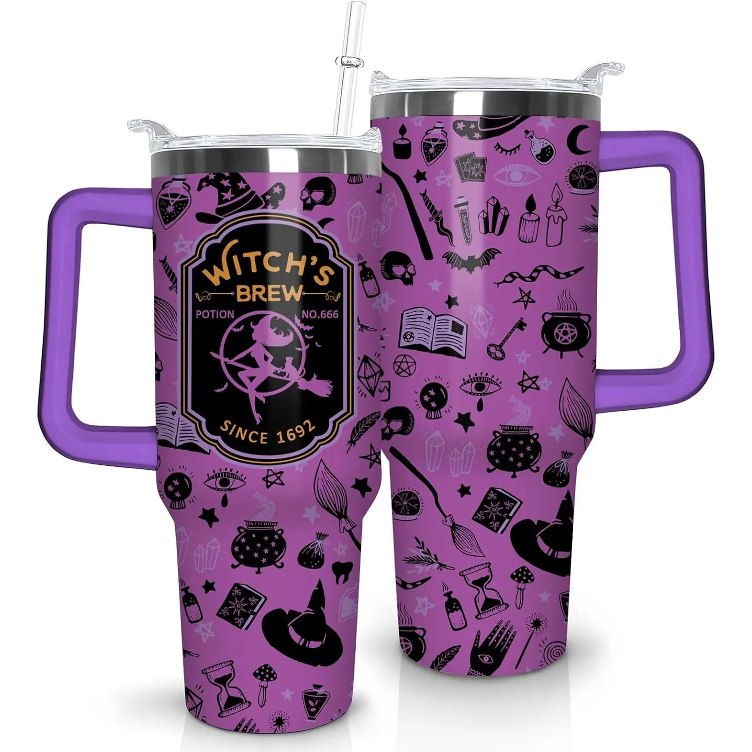 Women's Classic Purple Witchy Printed Halloween Stainless Steel Insulated Tumbler - 500-1,000 ml (40oz), Lead-Free, Leak-Proof, Anti-Scalding Tapered Mug for Girls, Casual Use, Hand Wash Only, Manual Lid, Handle, Straw (Kitchenware Drinkware Vacuum Flask)